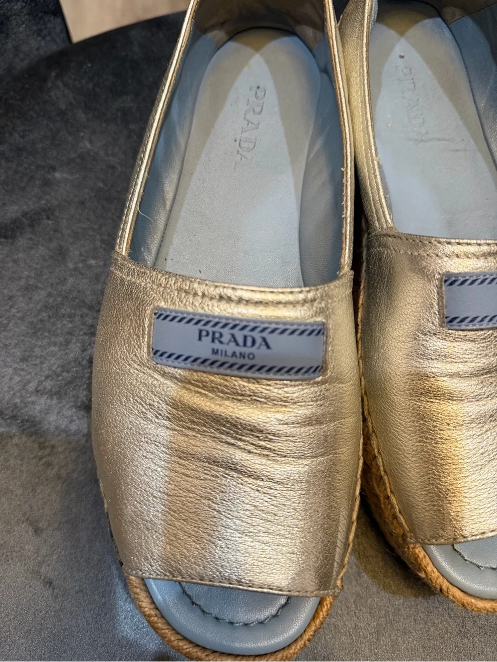 Prada Metallic Silver Leather Open-Toe Espadrille Flats 39.5.